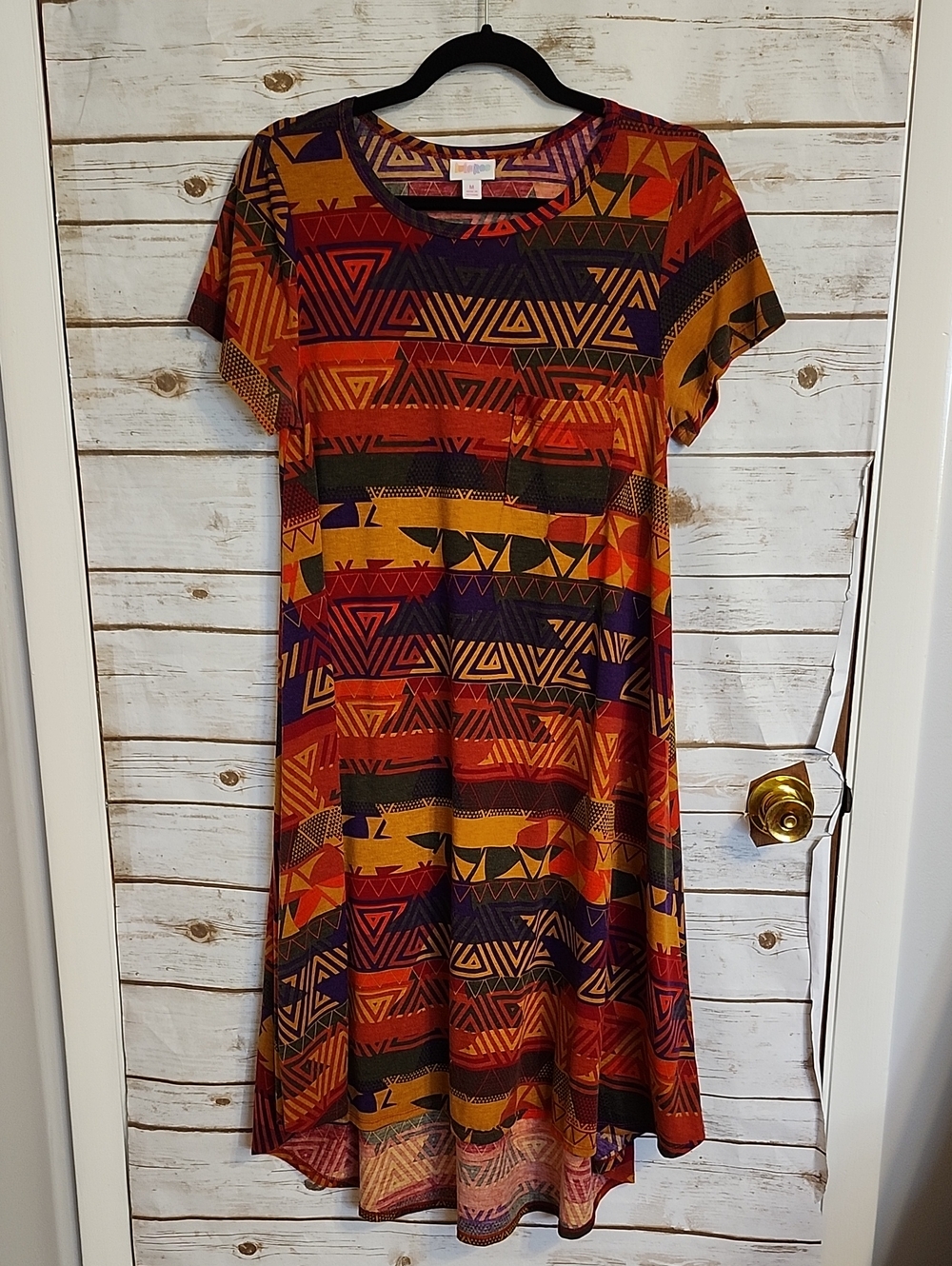 LuLaRoe Geometric Carly Dress in Rust, Mustard & Purple Medium